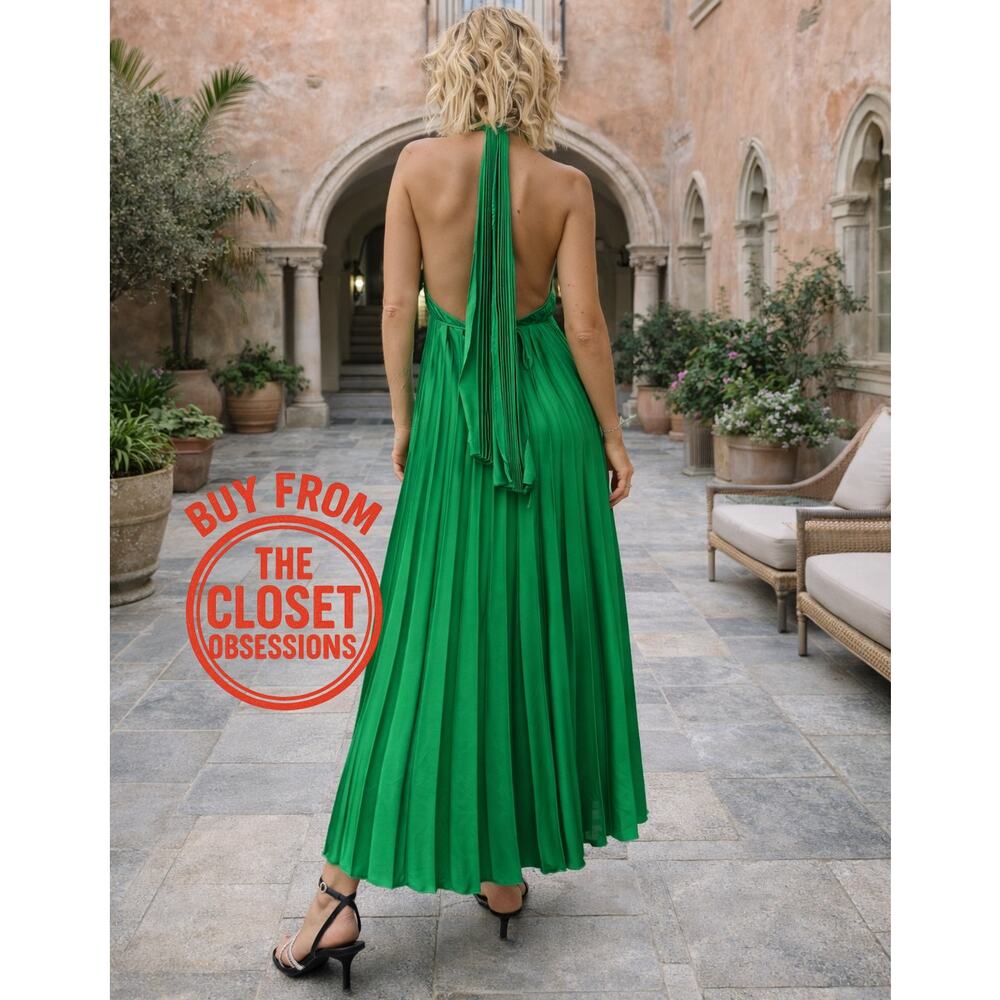 Mango NWT Emerald Green Pleated Halter Midi Dress 6 8 - Picture 9 of 16